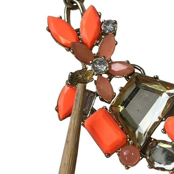 J Crew Statement Bib Necklace Orange Coral Gold Tone Rhinestone Stone - Picture 4 of 8